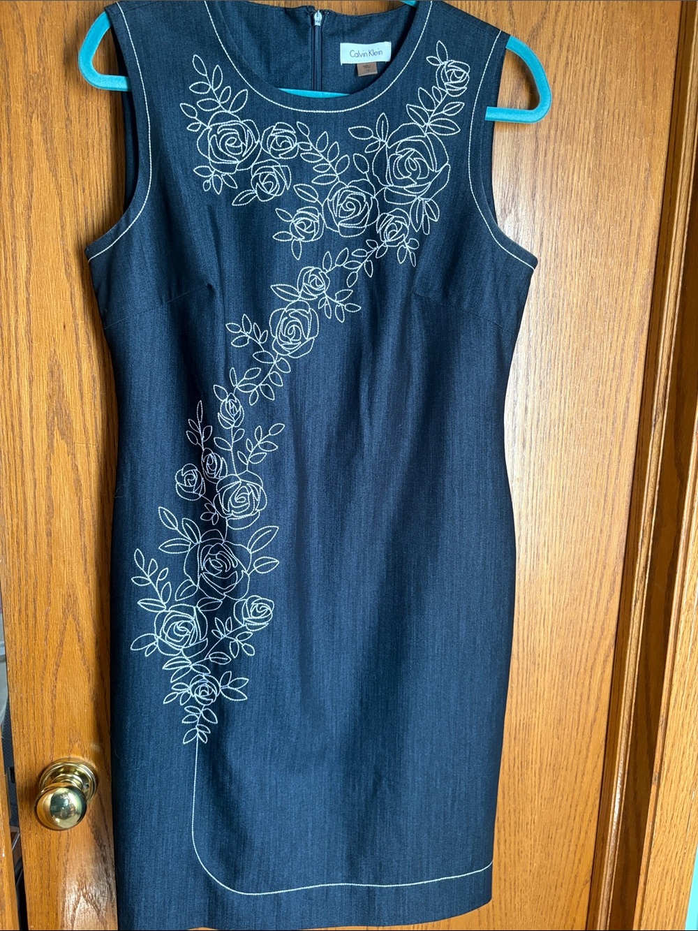 Calvin Klein Navy Sleeveless Sheath Dress with White Floral Embroidery